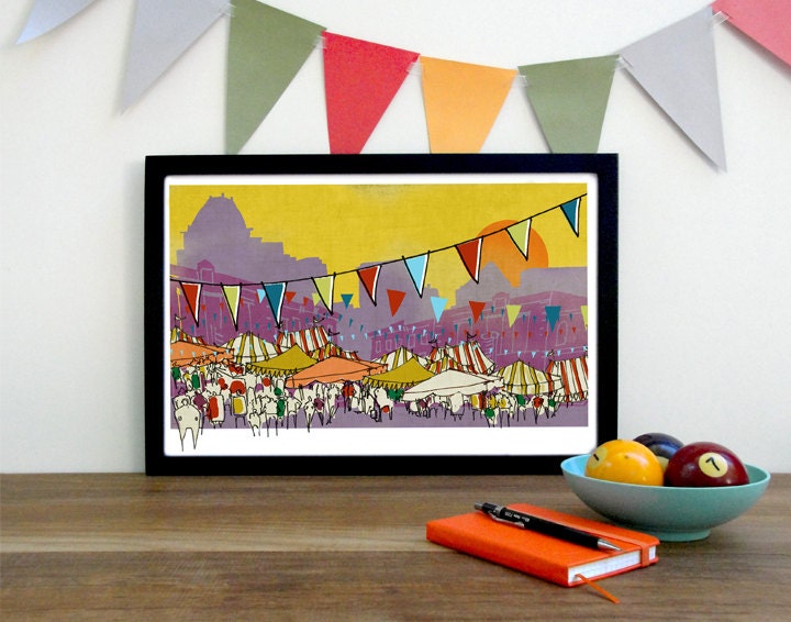 at the circus, colorful downtown cityscape illustration art print