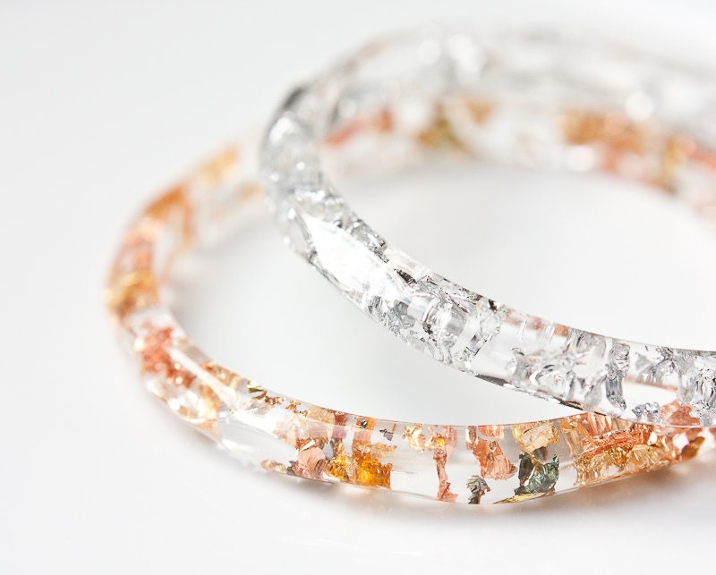 Resin Bangle Bracelet Silver Flakes Faceted Small Stackable bangle Cuff OOAK glam white fashion rusteam