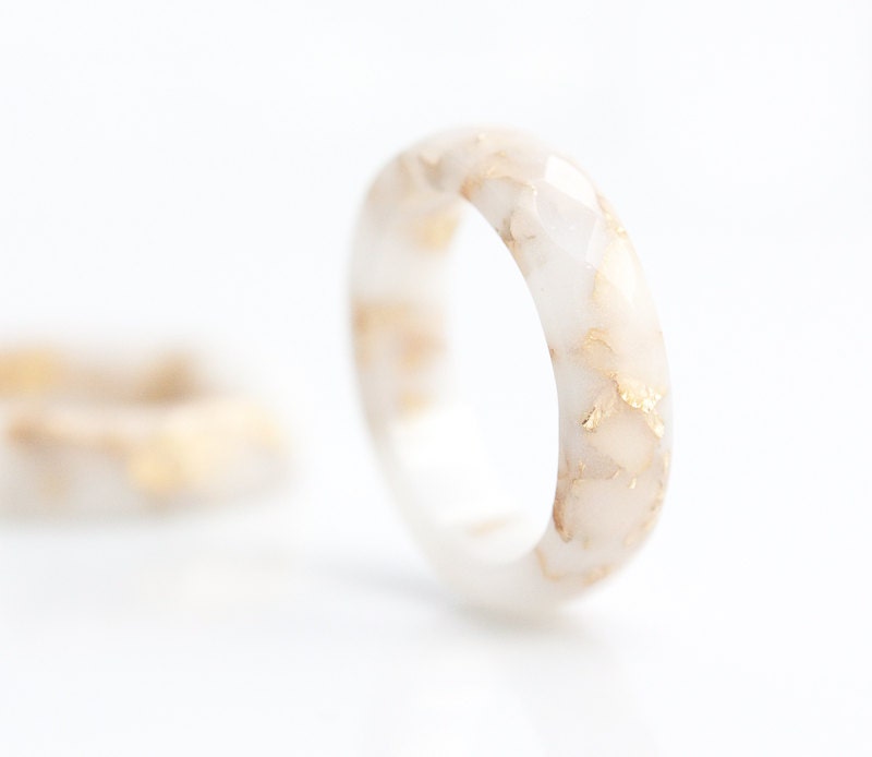 White Resin Stacking Ring Gold Flakes Small Faceted Ring OOAK french vanilla milk minimalist jewelry rusteam