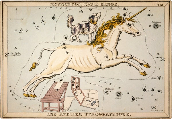 Vintage Constellations Print "Canis Major" Antique Nature Print - Unicorn and Dog Stars - Pastel Pale Blue Pink White - Zodiac Sky Whimsica