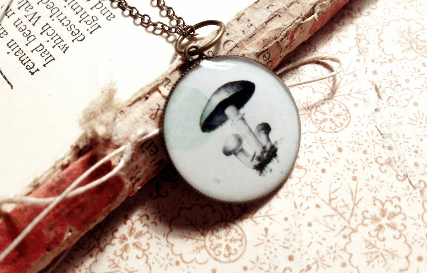 Mushroom Necklace - Vintage Illustration Brass and Resin Pendant - Woodland Fairytale Forest - Whimsical Cute Botanical Jewelry