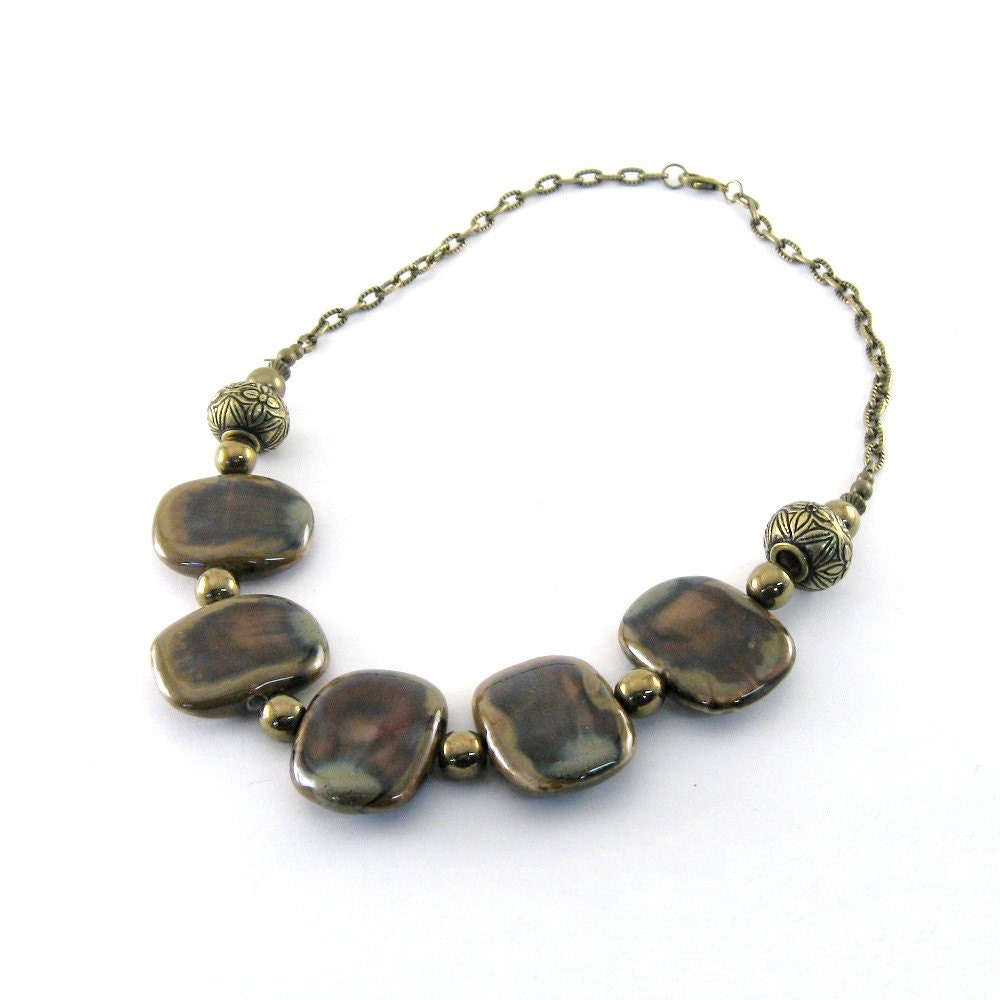 Brown Ceramic Choker Necklace Chunky Antique Brass Antique Gold