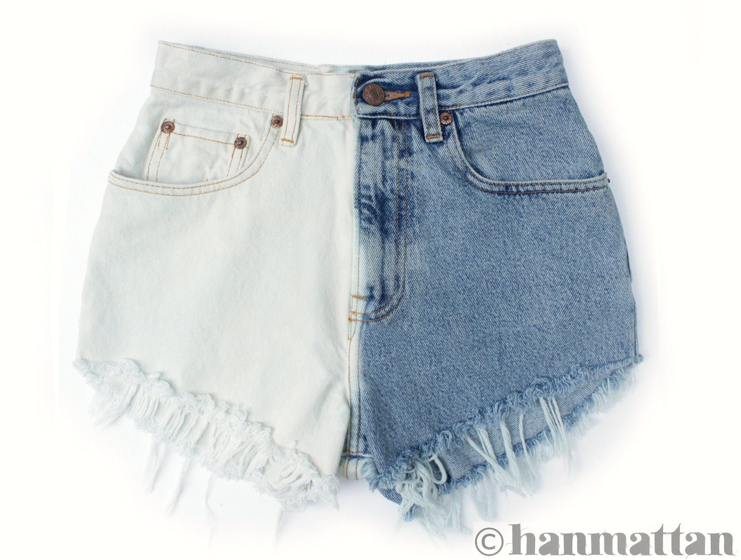 ALL SIZES "PLAINO" Vintage Levi high-waisted denim shorts blue ombre dip dyed distressed frayed jeans