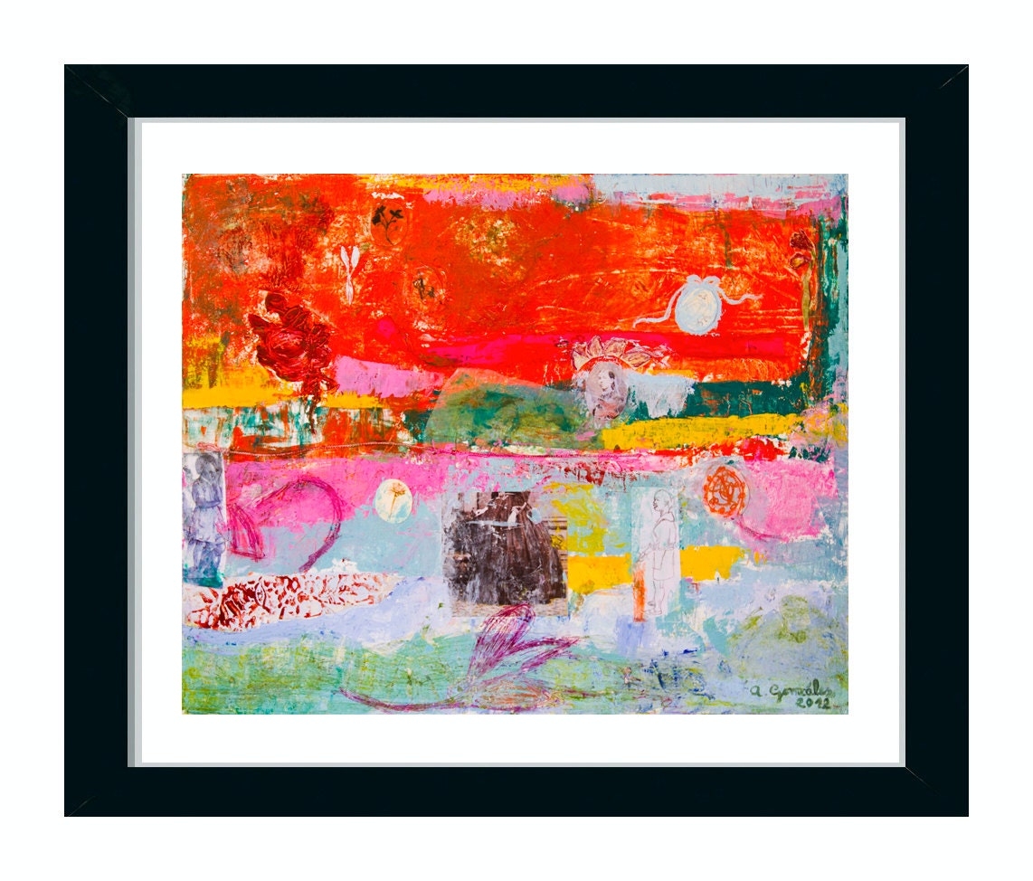 Print Giclee Art 8x11 paper pink red green turquoise, abstract modern wall art by Ana Gonzalez