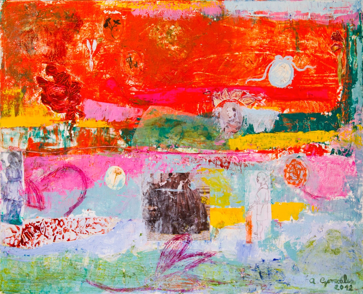 RESERVED For R. Original Abstract Painting canvas 29x24 red turquoise green pink modern wall art mixed media textured Ana Gonzalez