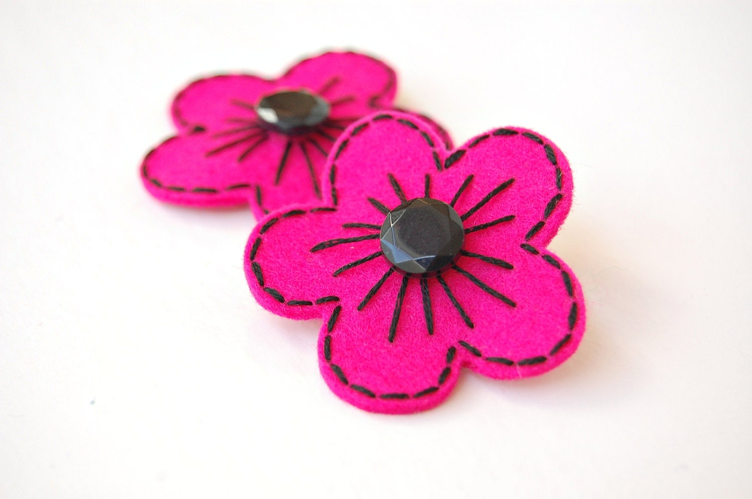 Hot Pink and Black Blossom Hair Clip Pair