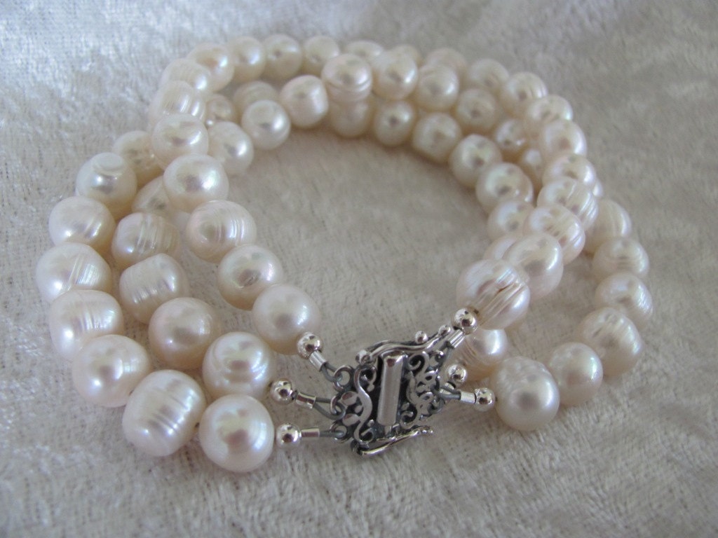 Triple Strand Freshwater Pearl and Sterling Bracelet