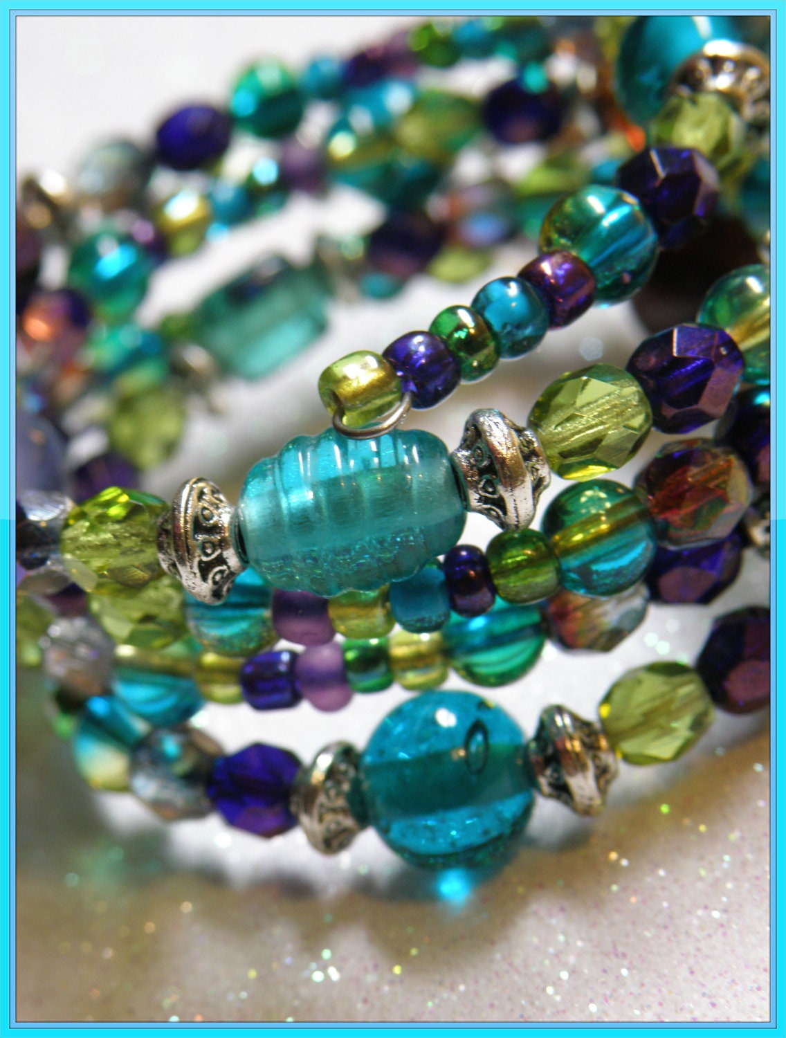 Bridesmaid Memory Wire Bracelet with Teal Purple Lime Glass Bead and Silver Accents Prom Bracelet Bridesmaid Bracelet spring time Easter 