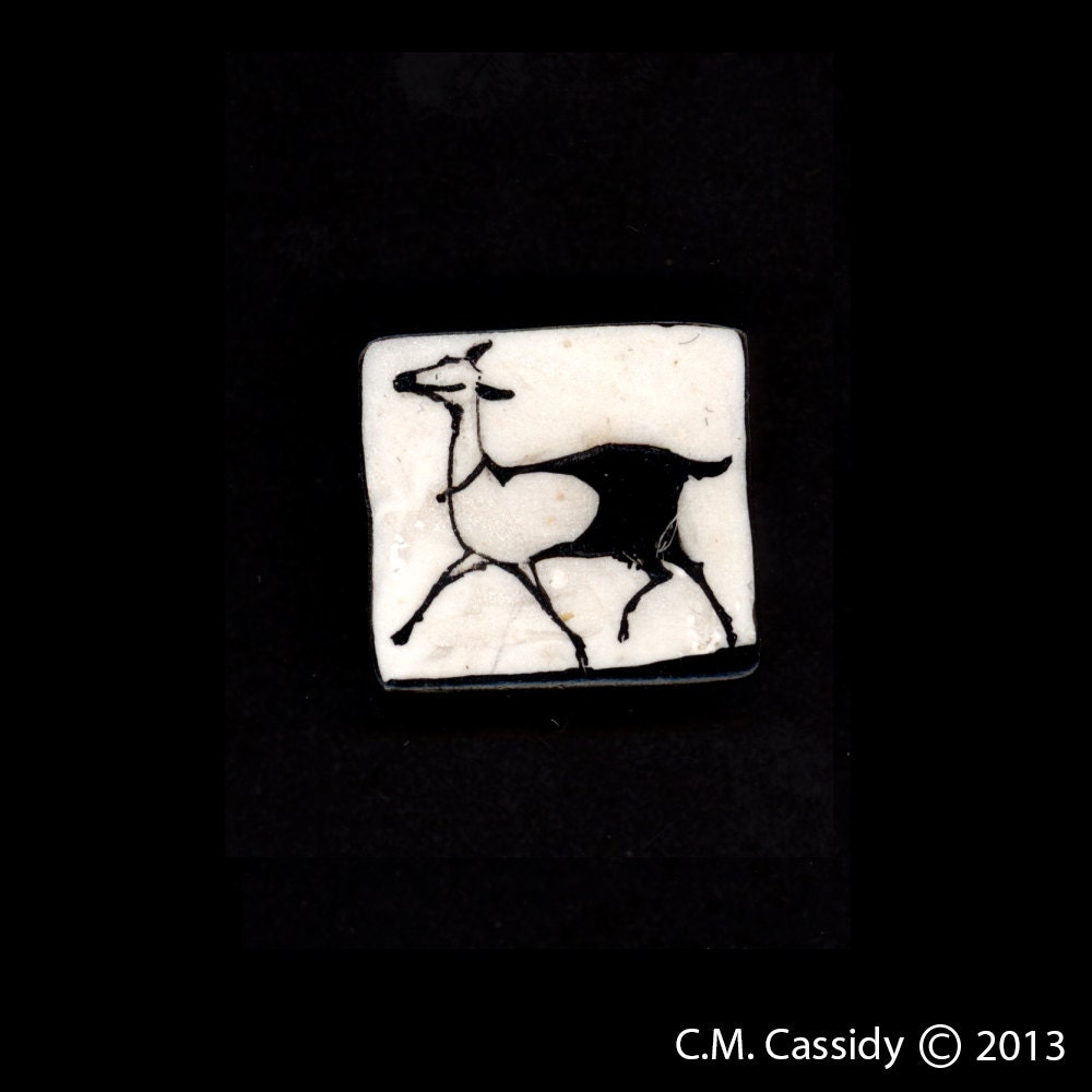 Alpine Goat Trotting Pendant. Original India Ink Drawing on Polymer Clay, Black and White. 3112