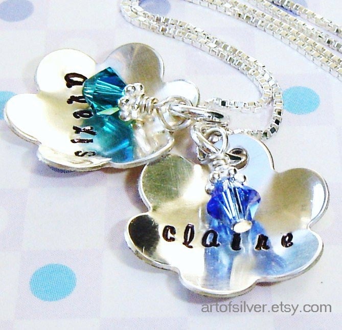 Birthstone jewelry - Women necklace - Hand stamped necklace - Mother jewelry with 2 flowers