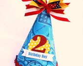 Thomas the Tank Train Engine birthday party hat in Blue, Red and Yellow