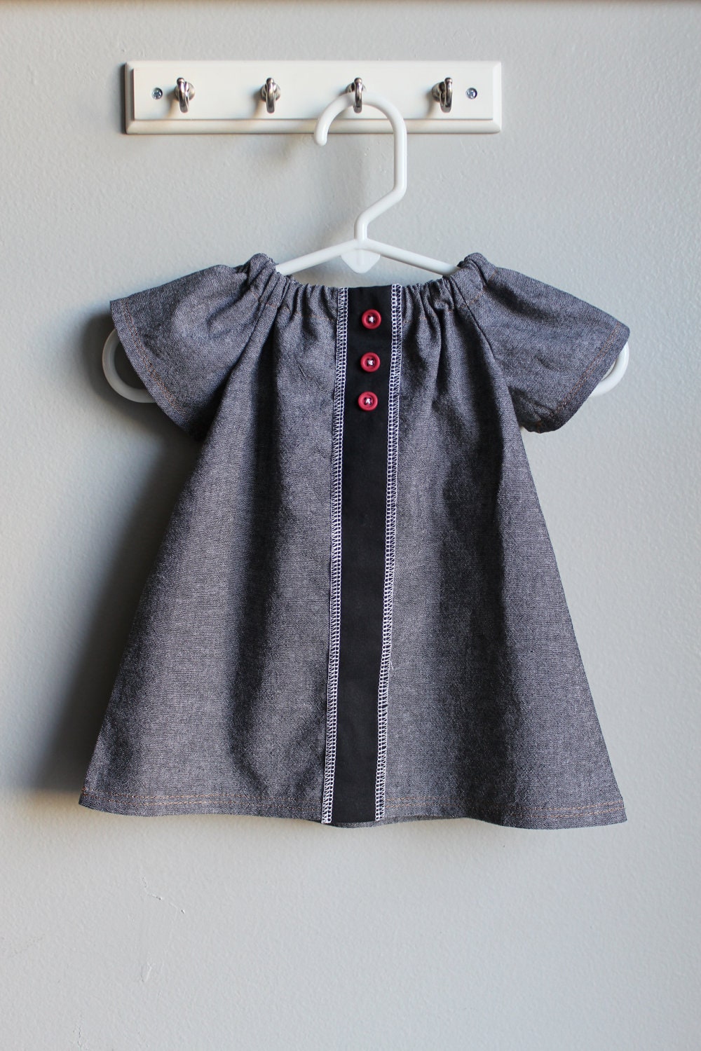0-3 Month Peasant dress/top- denim-holiday dress-winter dress-pink button detail