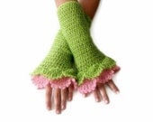 Crochet Fingerless Gloves , Green, Pink, Elegant, Shabby, Chic, Lace gloves