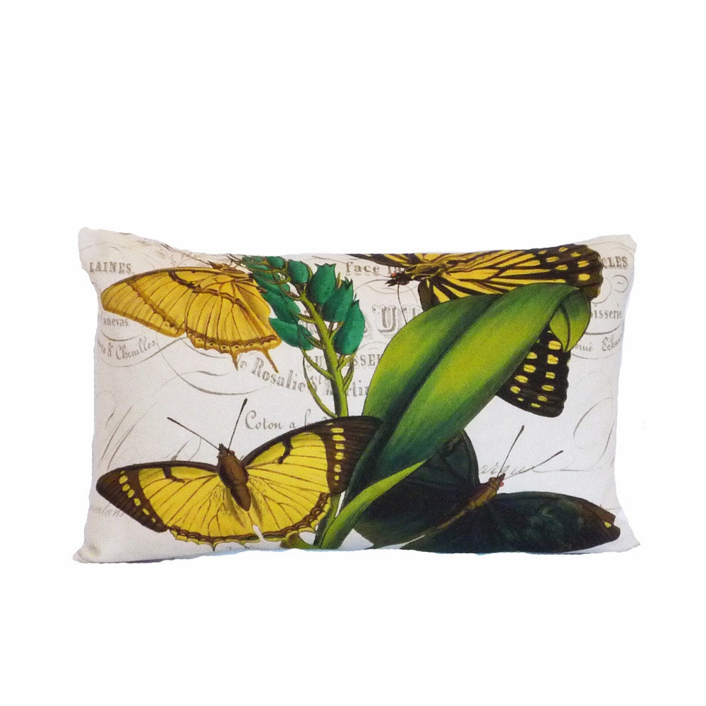 butterfly pillow cover linen french script home decor 12x18 butterflies  typography paris
