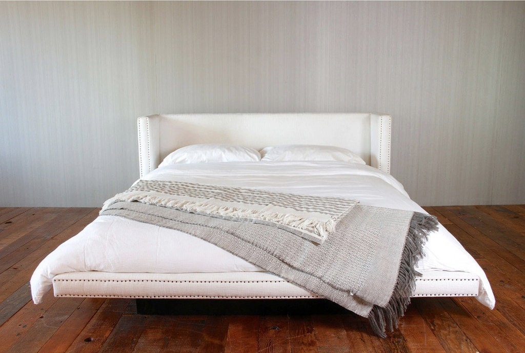 White Fabric Platform Bed - With Vintage Nails