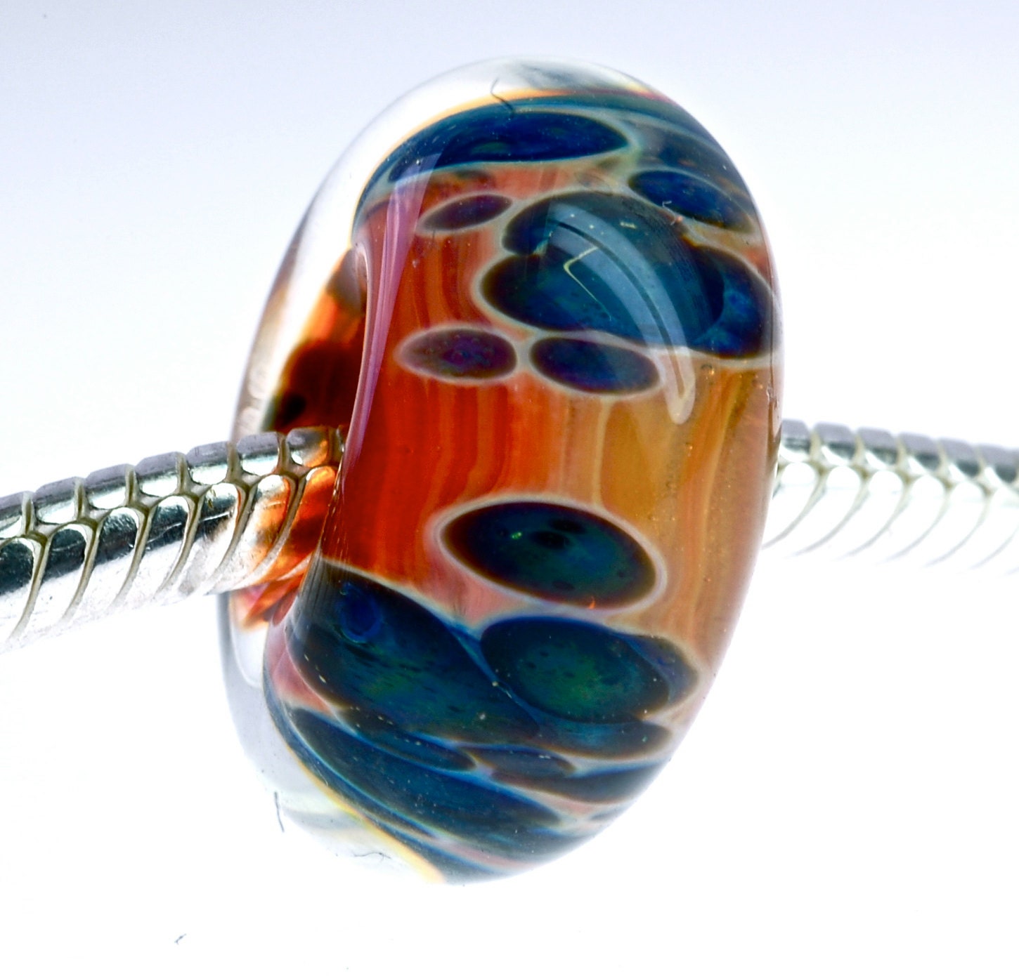 handmade lampwork boro large hole euro fit bead in light coral and sea blues will fit trollbeads and other bracelets