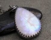 Moonstone necklace.  Big Teardrop Blue Moonstone Pendant, Sterling Silver.  Filigree Bezel