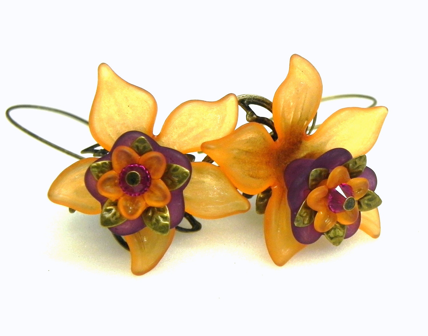 20% off Spring Sale - Lucite Flower Earrings - Orange and purple tulips