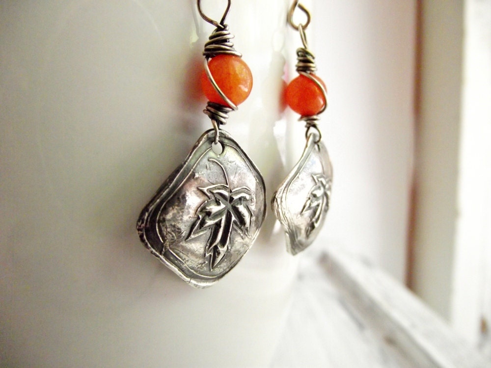Leaf Dangle Earrings Orange Jade Fine Silver Earrings Metal Clay