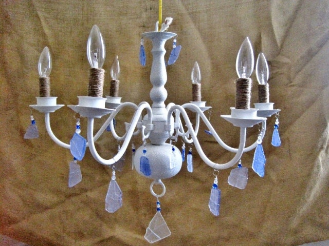 Ocean View Large White Sea Glass Electric Chandelier MADE TO ORDER