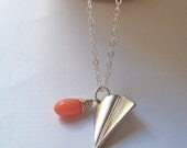 Sterling Silver Paper Plane charm necklace with coral bead