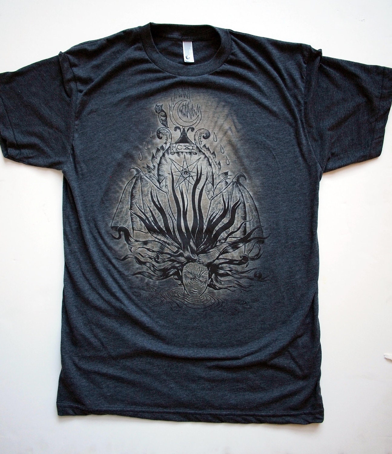 Water Spirit multi process-screenprint on Heather Black UNISEX 50/50 ringspun-cotton and polyester shirt