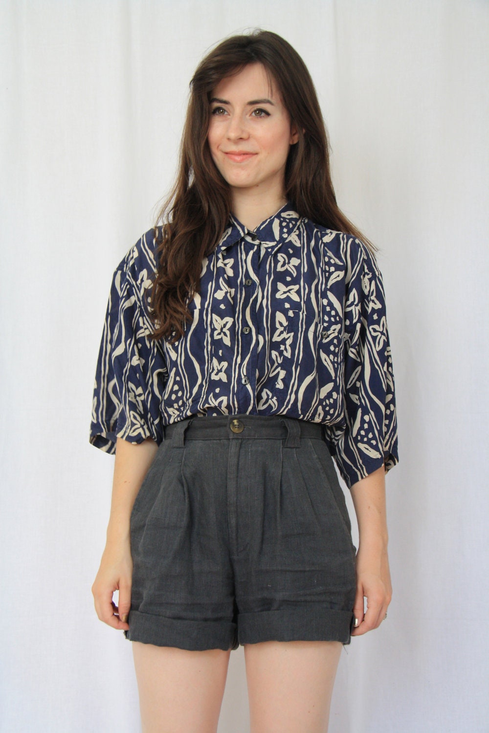 SALE Vintage Navy Silk Floral Blouse