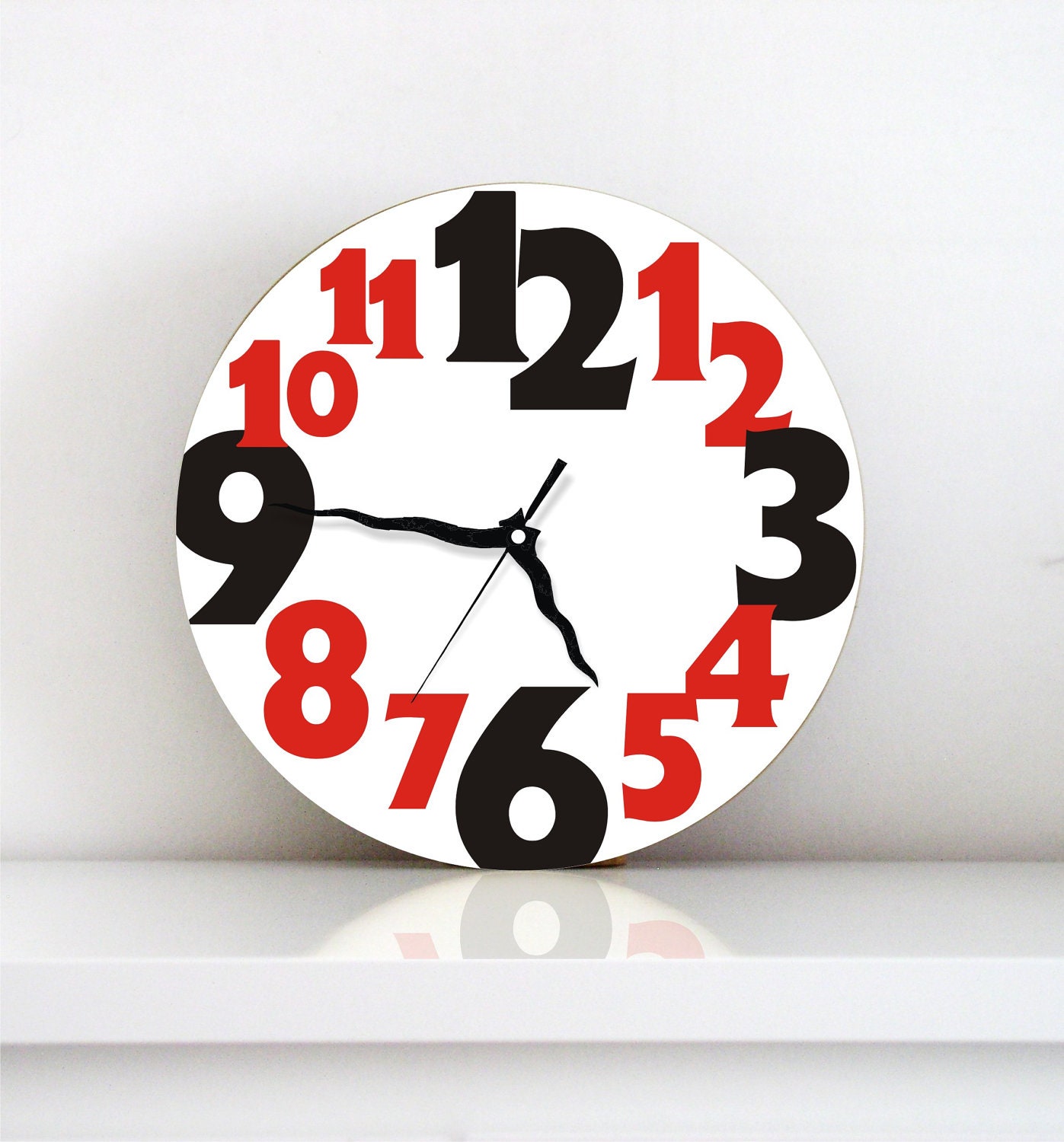 Wall clock large round kitchen hostess kids children nursery wall decor wall hanging wall art Black red typography large numbers  under 50