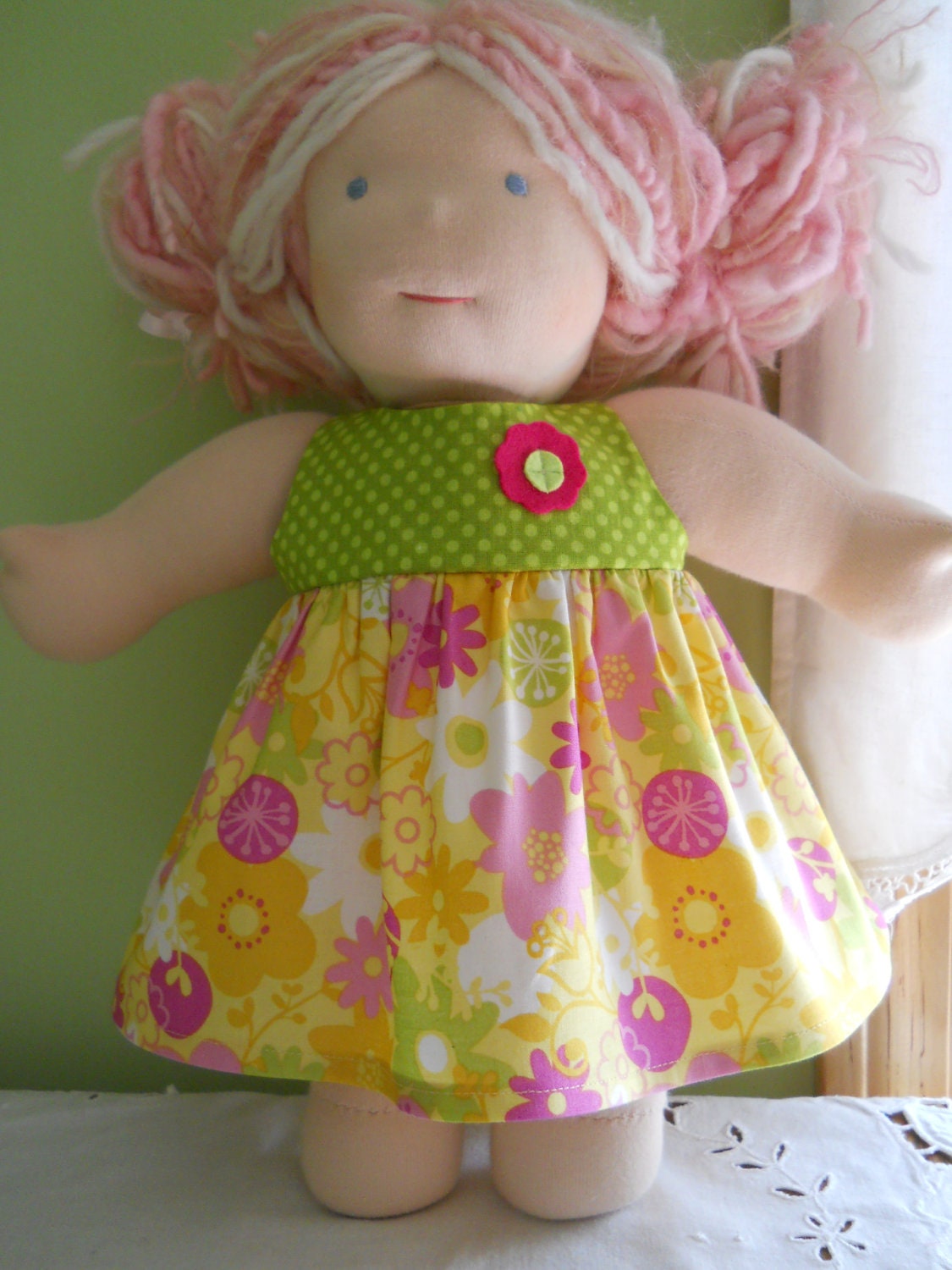 Jumper Dress in Erin McMorris Floral and Polka Dots - Waldorf Doll Clothes - 15" Bamboletta Size - G