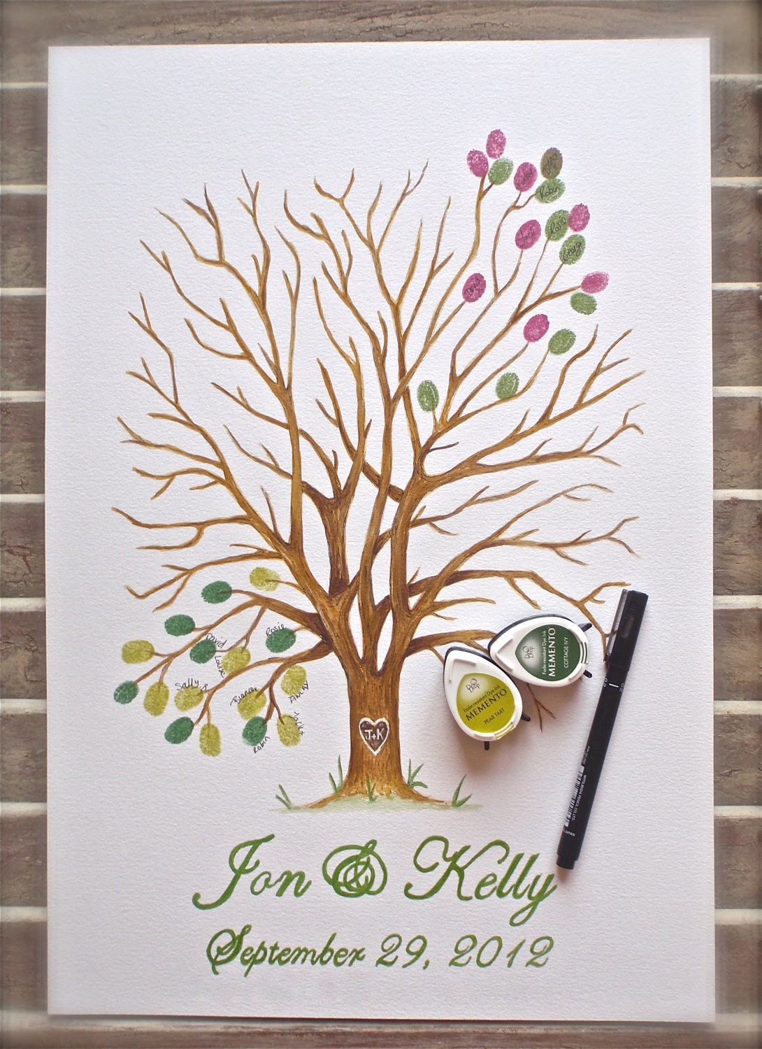 Small Hand Painted Alternative Fingerprint Guest book Tree, wedding, with 2 colours and pen
