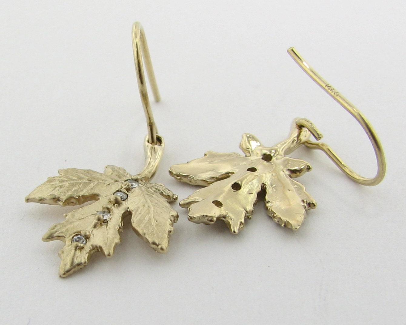14k Gold Maple Leaf Earrings with Diamonds
