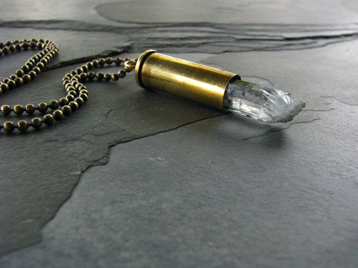 Bullet and Quartz Pendant with Brass Ball Chain
