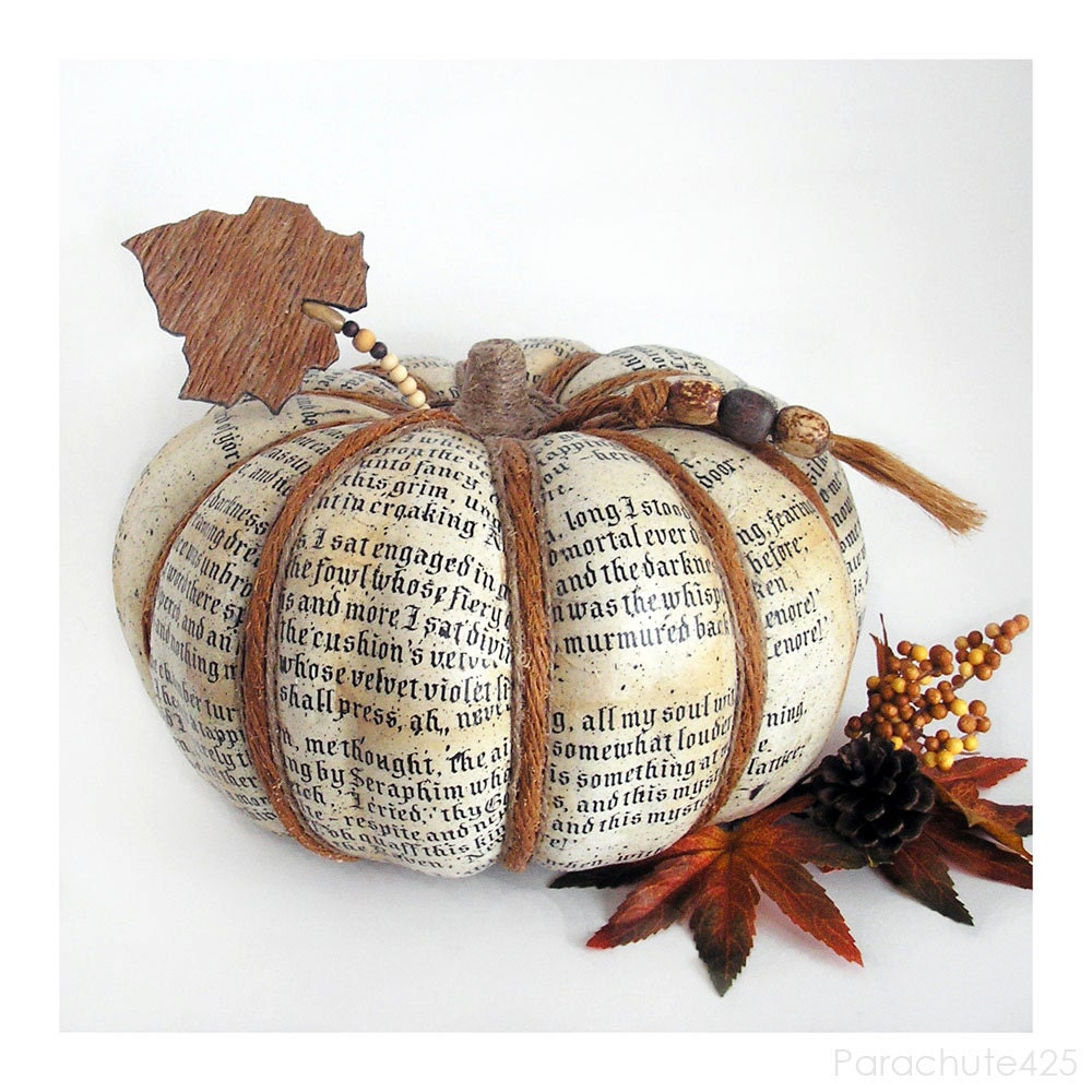 Poe Pumpkin Harvest 121, decoupage pumpkin, Halloween, Fall decor, The Raven, ooak, rust and cream