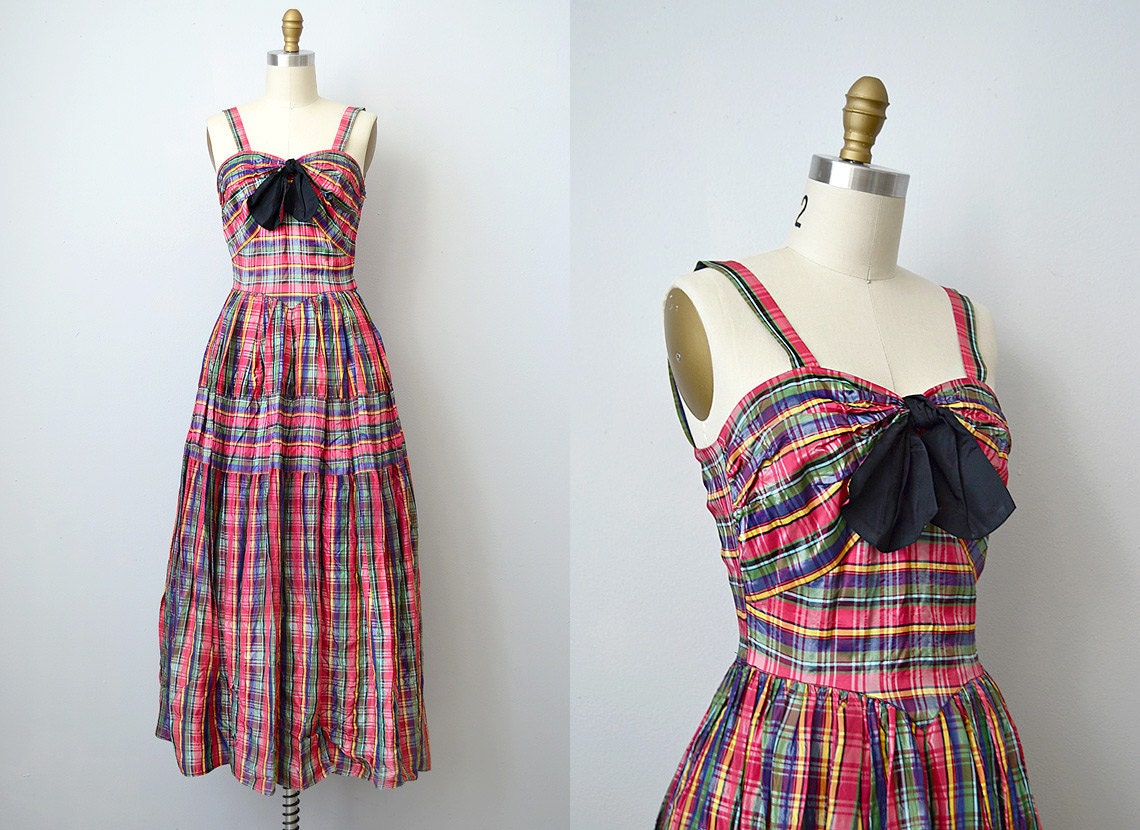 vintage 1940s dress / 1940s party dress / plaid taffeta 40s dress / Heritage Gala Dress
