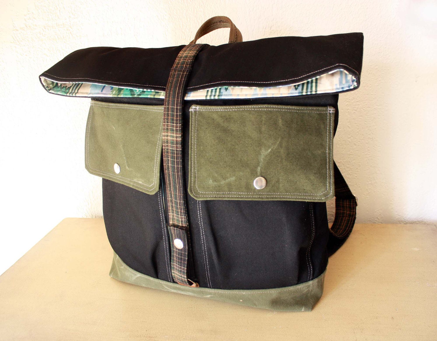 Olive/Black Canvas Backpack / Foldover / Upcycled Army duffel canvas// SALE--Ready to Ship--