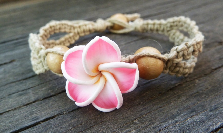 Hemp  Bracelet, Eco Friendly, Polymer Clay Flower,   Plumeria, Macrame Bracelet, Surf Jewelry