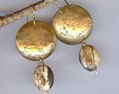 Petrified Wood Dangle Earrings w- Organic Textured Gold Brass, Earthy Natural Stone Jewelry, Artisan Metalwork Earrings