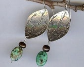 Sterling Silver Dangle Earrings w- African Turquoise & Bronze Pearls, Handmade Artisan Metalwork, Earthy Organic Silver and Stone Jewelry