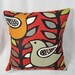 Pillow cover folk art birds, dark red, khaki, pumpkin orange, Bohemian Decor, brown, lime, gray, 14 inch, rich colors