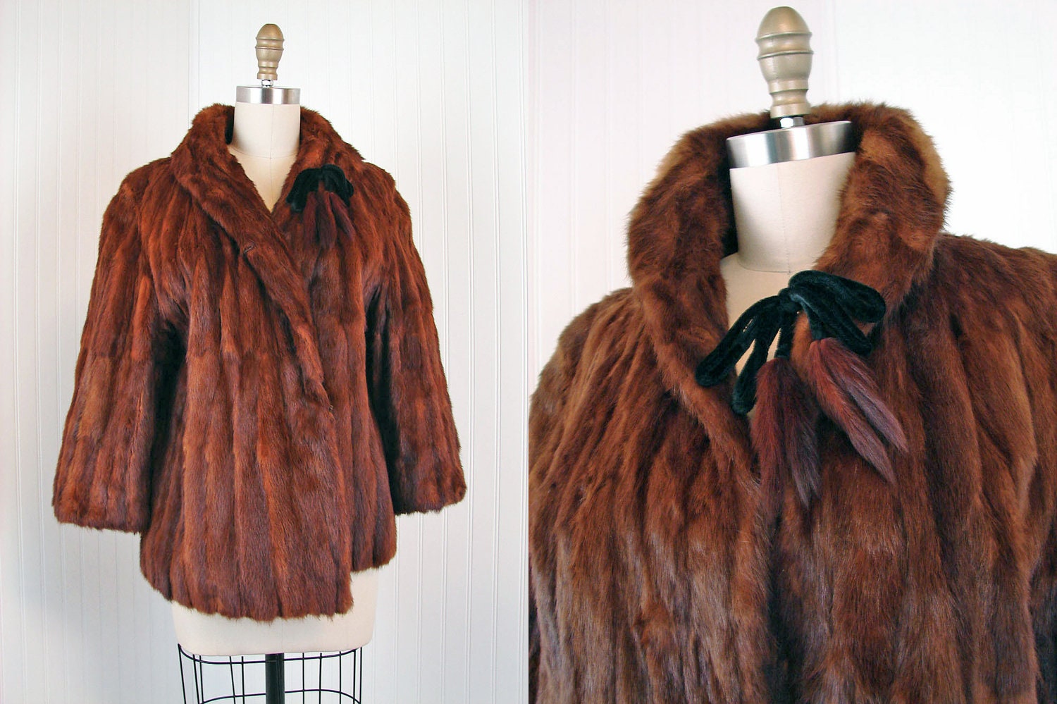 1950s Mink Coat - Vintage 50s Mink Fur Stroller Coat w Mink Tails and Velvet Collar Brooch - First We'll Take Manhattan