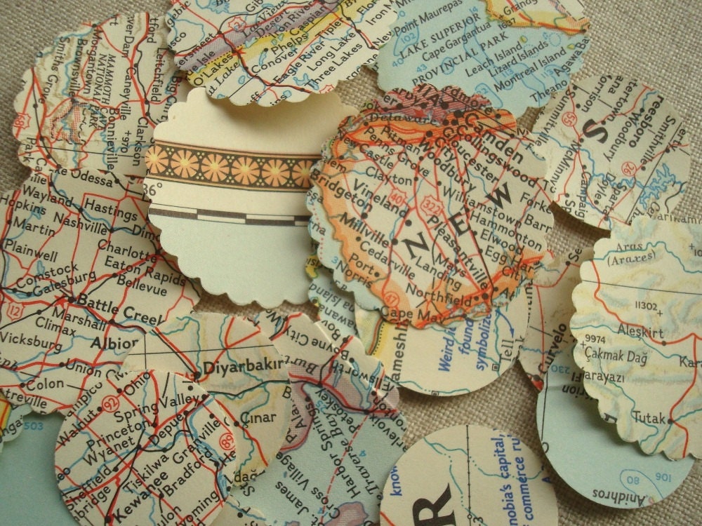 35 vintage map envelope seals, scrapbook stickers, treasure pack of self-stick seals