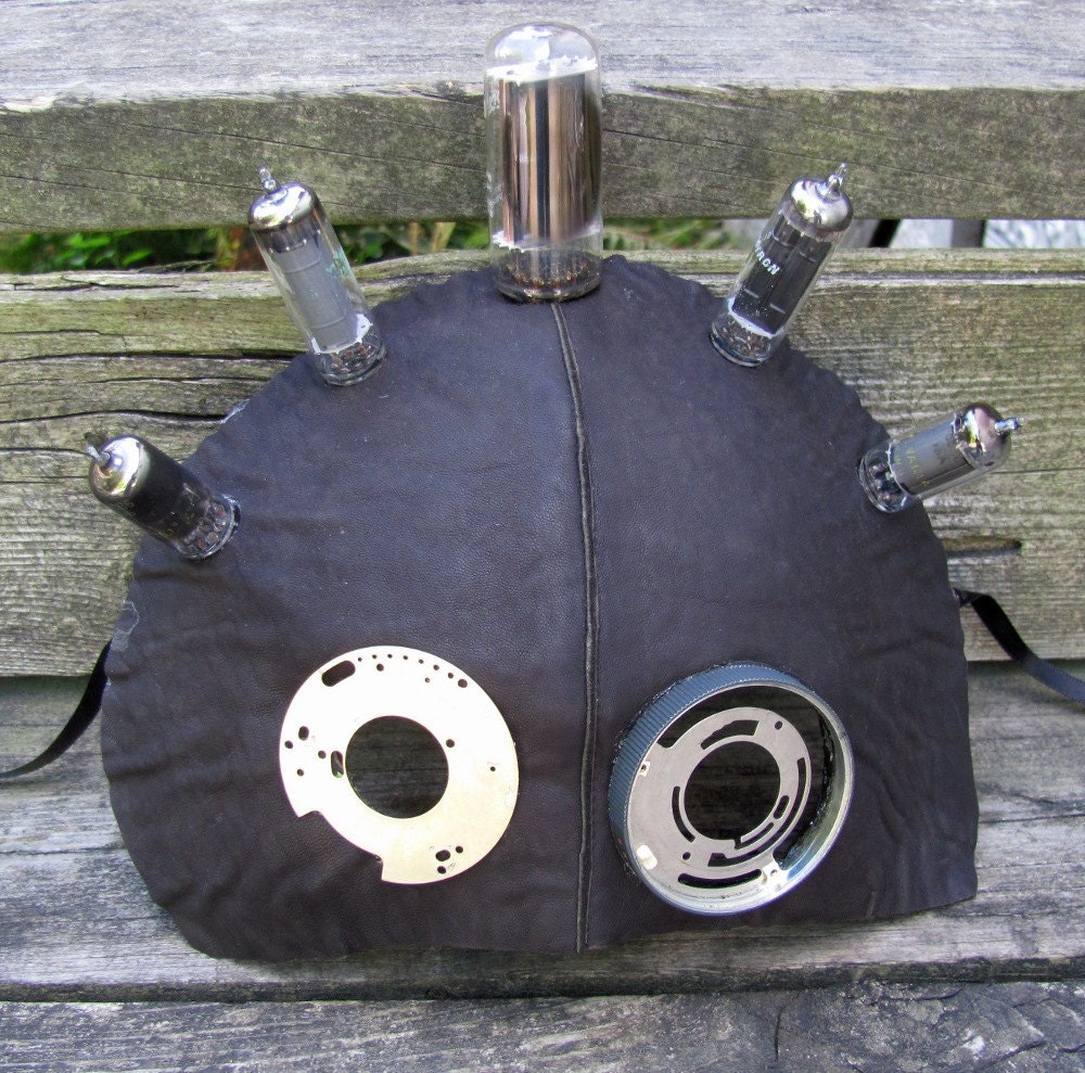 Dieselpunk robot masquerade mask in black with vacuum tubes, Radiohead