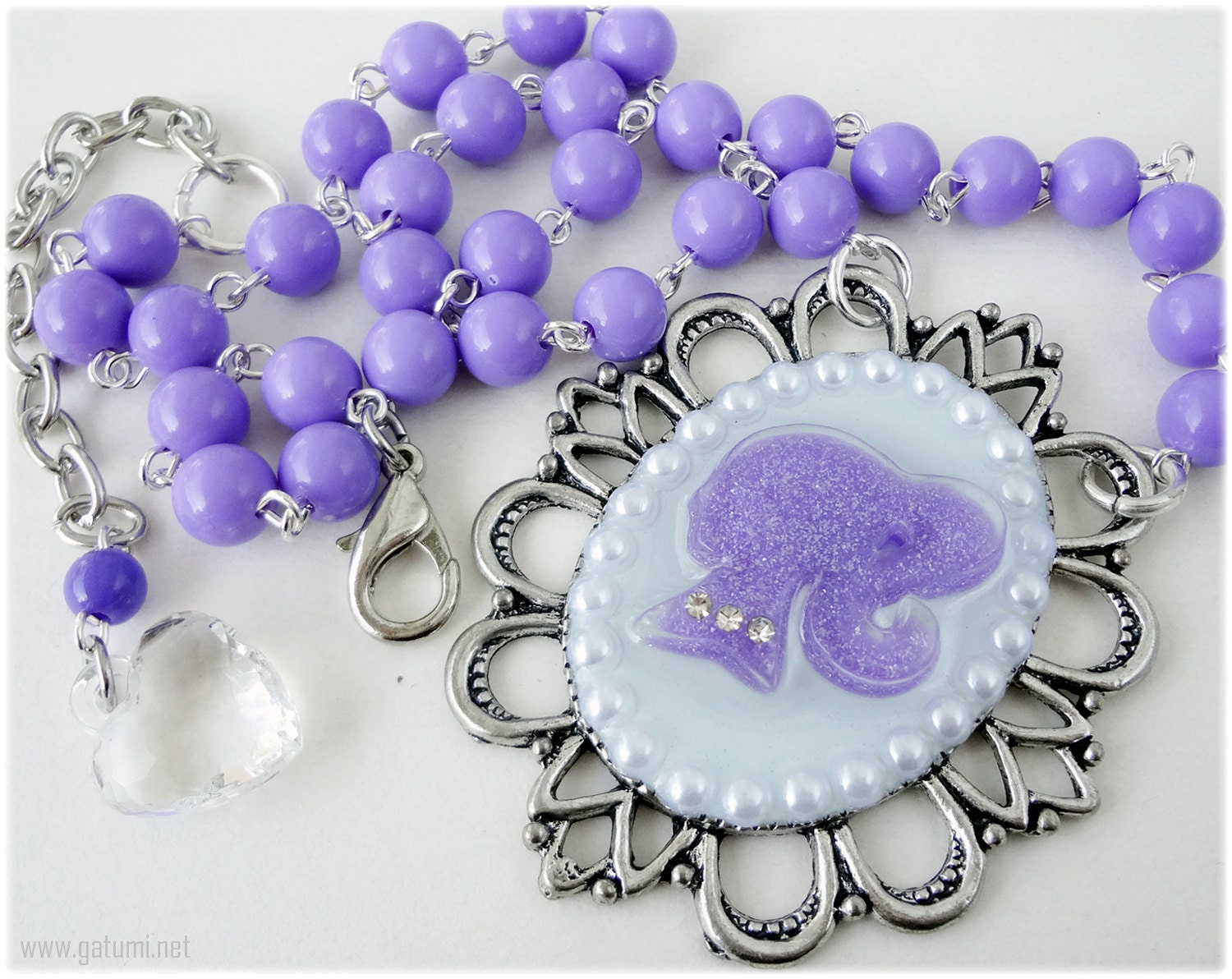 Barbie Silhouette Necklace, Purple and Pastel Blue, Resin Cameo Pendant, Silver - Sweet Lolita