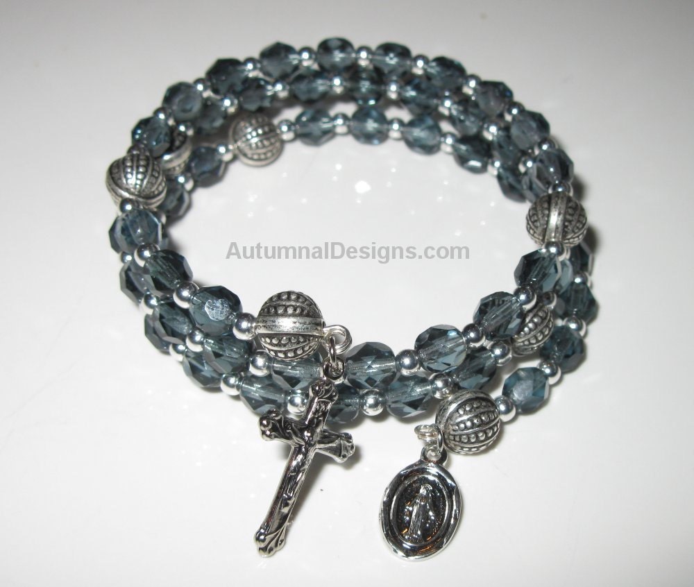 5-Decade Wrap Bracelet Rosary Montana Blue Czech Glass