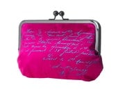 Fuchsia Pink Silk Clutch Purse with Blue Antique French Script