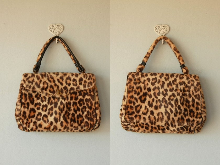 1950s leopard bag / 50s bag / 50s leopard print purse / 1950s handbag / faux fur bag / animal print
