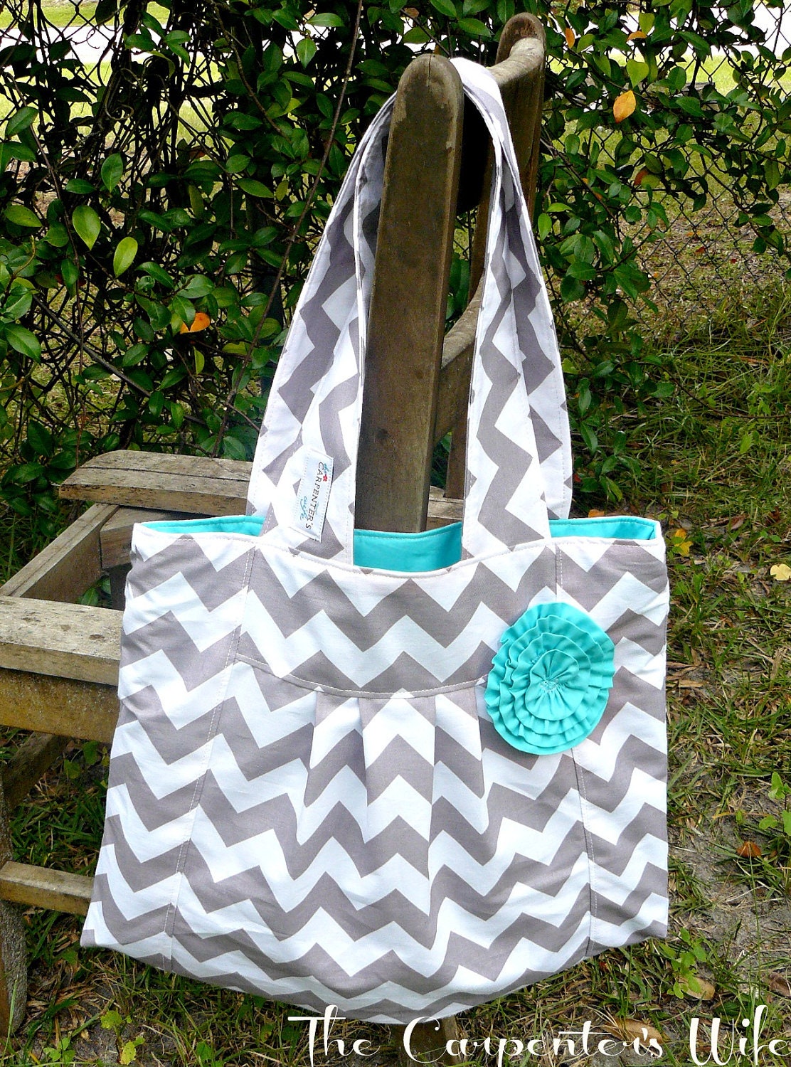 The Crystal, Gray Chevron Purse with Aqua lining and rosette