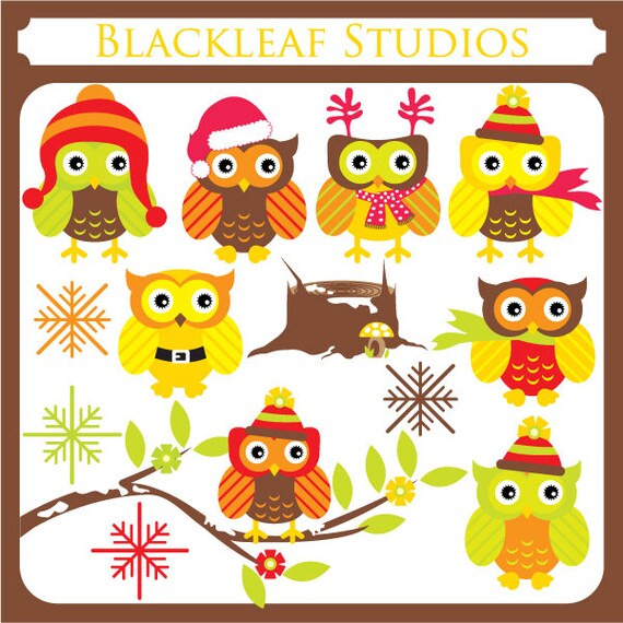 Christmas Owls - Instant Download Clipart Set - cute owls image, png, digital, jpeg - Personal and Commercial Use Clipart Il_570xn