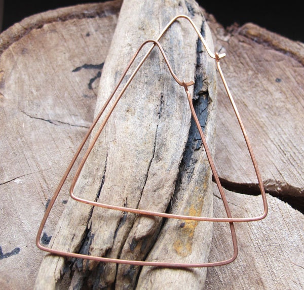 Copper Triangle Hoop Earrings 3 inch. Extra Large Geometric Hoops. Modern Earrings 2 inch