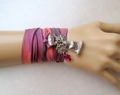 RELAXATION Charm Bracelet Necklace Anklet - Buddha Lotus Elephant Fuchsia Swarovski Crystal Silk Ribbon Yoga Wrap
